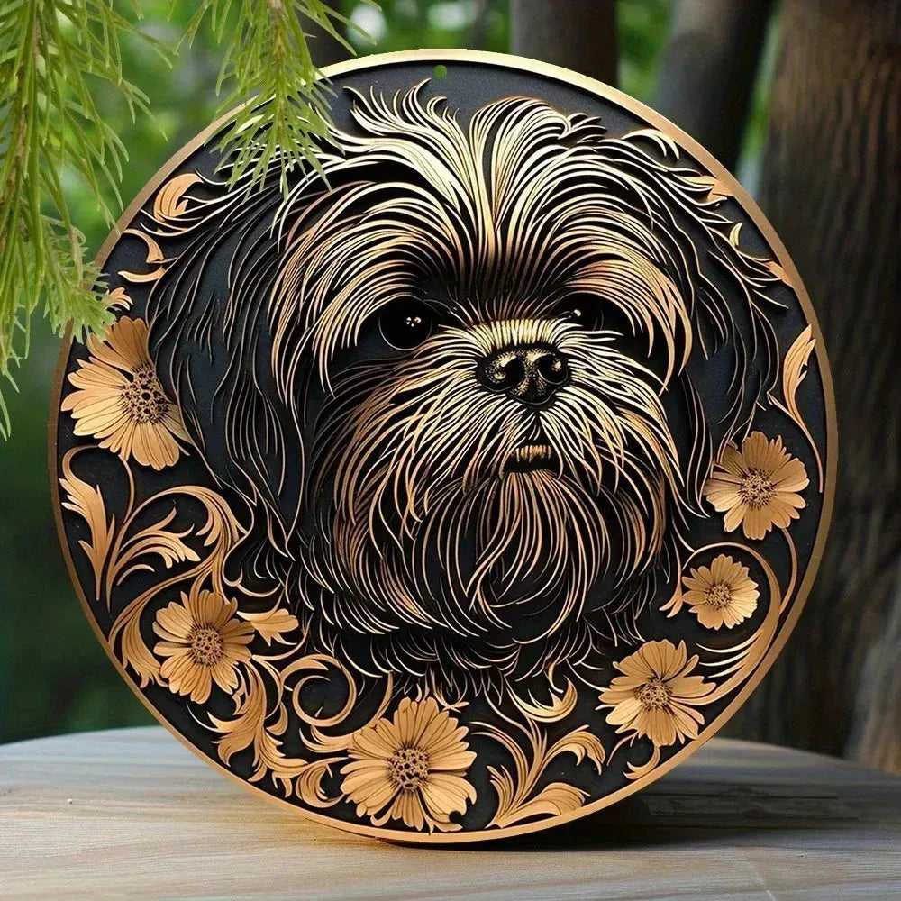 Cute Dog Gift Mask Theme Round Metal Aluminum Sign Art Desktop Decorative Plates For Bar Cafe Club Yard Home Office Wall Decor