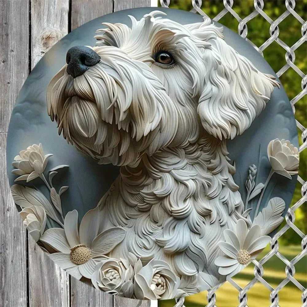 Cute Dog Gift Mask Theme Round Metal Aluminum Sign Art Desktop Decorative Plates For Bar Cafe Club Yard Home Office Wall Decor