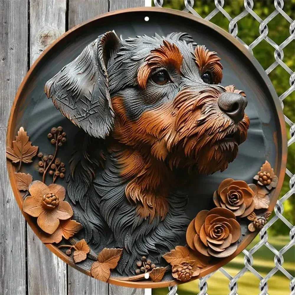 Cute Dog Gift Mask Theme Round Metal Aluminum Sign Art Desktop Decorative Plates For Bar Cafe Club Yard Home Office Wall Decor