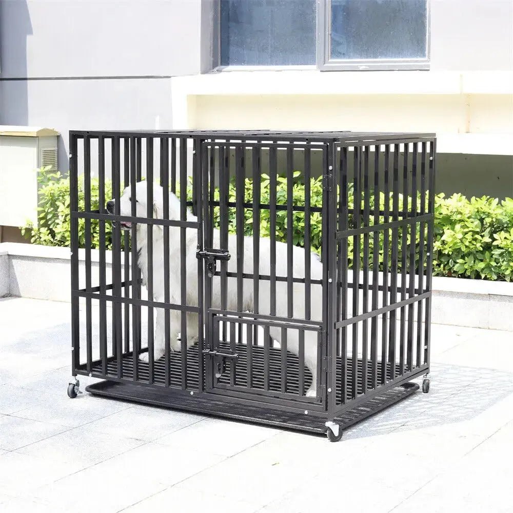 L XL XXL Heavy Duty Dog Crate with 4 Lockable Wheels 3 Doors and Removable Tray Metal Pet Kennels Cage Playpen