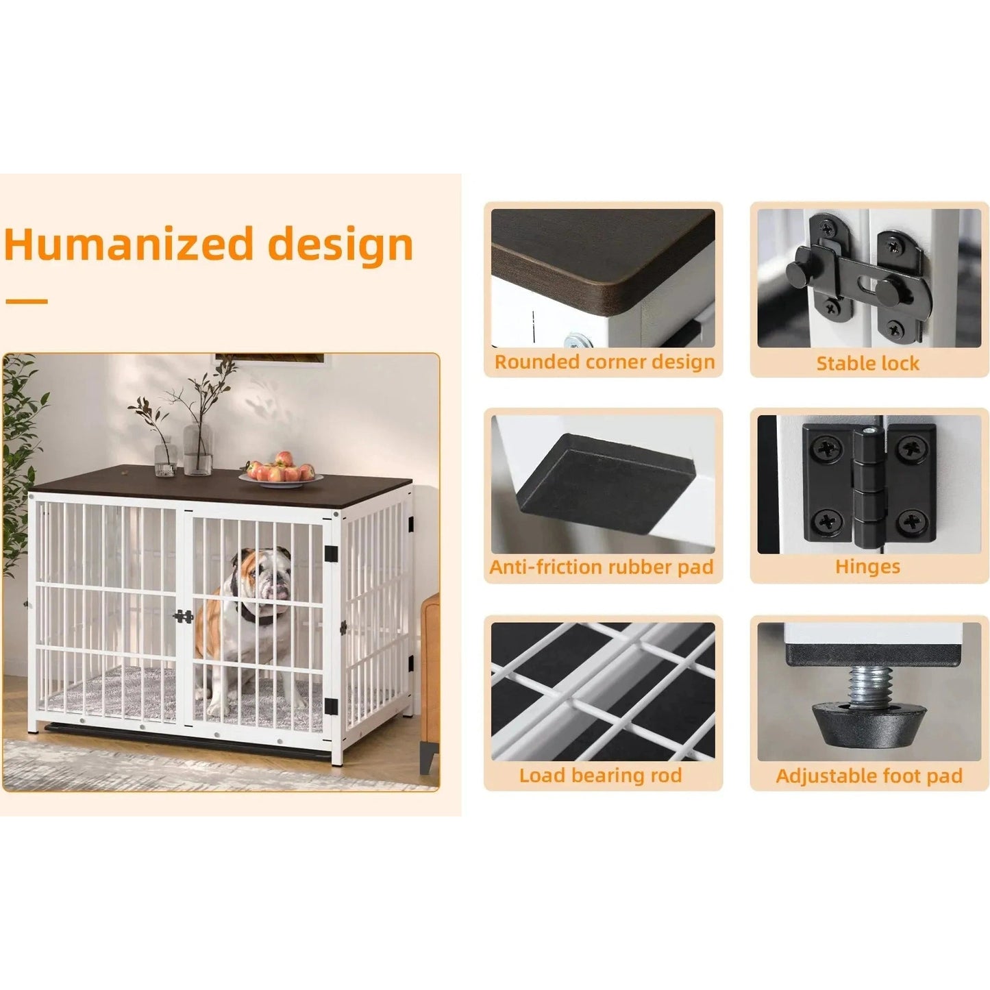 Dog Crate Furniture Pet Kennel End Table Metal Dog Kennel with Three Doors with Locks and Removable Tray, White/Black