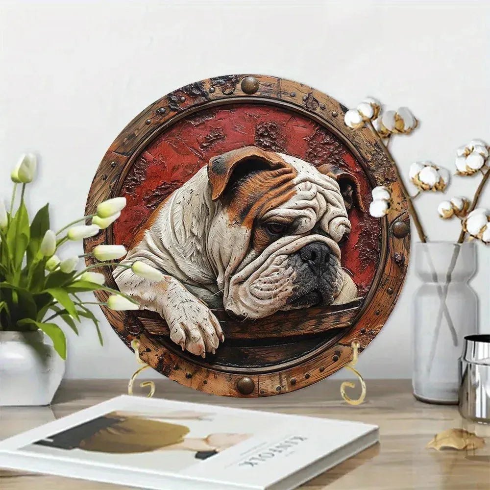 Round Metal Aluminum Sign Faux Embossing Wreath Sign Living Room Decoration Mother's Day Gifts French Bulldog Themed Decoration