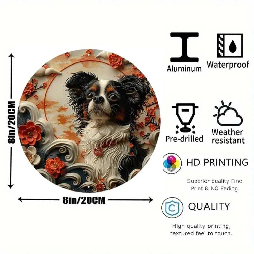 Cute Dog Gift Mask Theme Round Metal Aluminum Sign Art Desktop Decorative Plates For Bar Cafe Club Yard Home Office Wall Decor