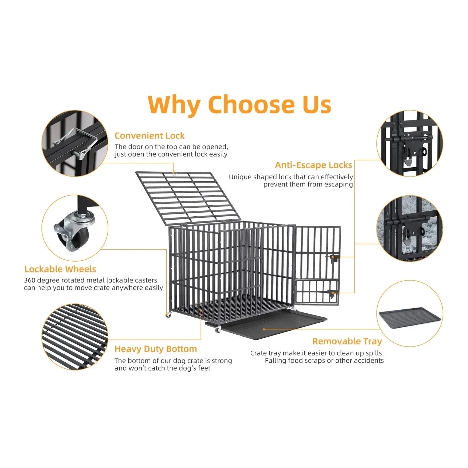 Mobile Heavy Duty Dog Crate Cage Metal Pet Kennel Playpen with 3 Doors Locks Design & Bottom Tray