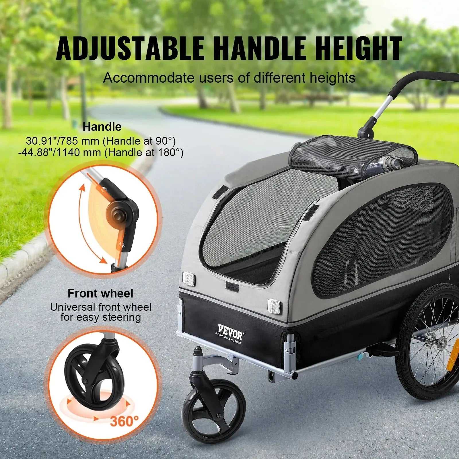 VEVOR 88 lbs 2-in-1 Pet Stroller Cart Dog Bike Trailer with Wheels Reflectors Easy Folding Cart Frame Bicycle Coupler Carrier