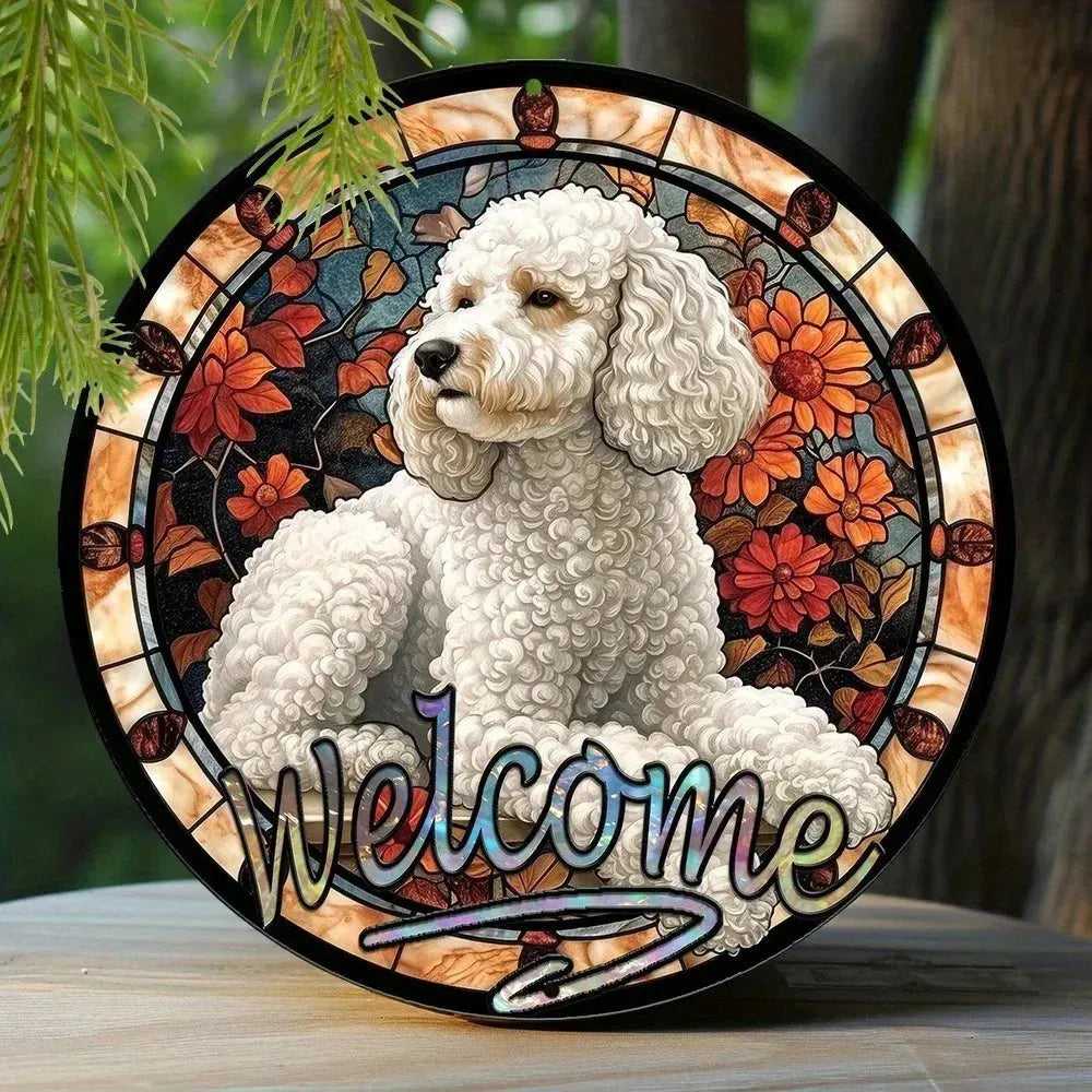 Cute Dog Gift Mask Theme Round Metal Aluminum Sign Art Desktop Decorative Plates For Bar Cafe Club Yard Home Office Wall Decor