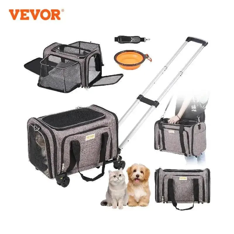 VEVOR Pet Cat Carrier Breathable Outgoing Dog Carry Backpack with Telescopic Handle Wheels and Shoulder Strap for Travel Trip