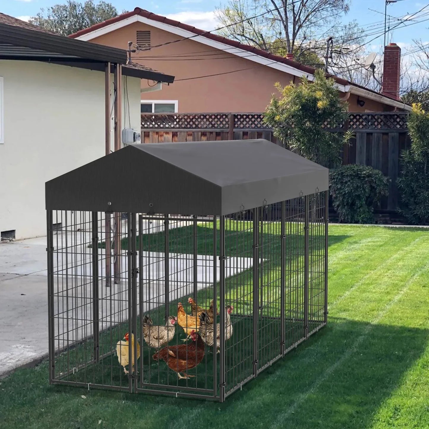 Large Dog Kennel Outdoor Dogs Welded Wire Kennels and Runs Crates for Yard with Stakes Water Proof Cover Canopy