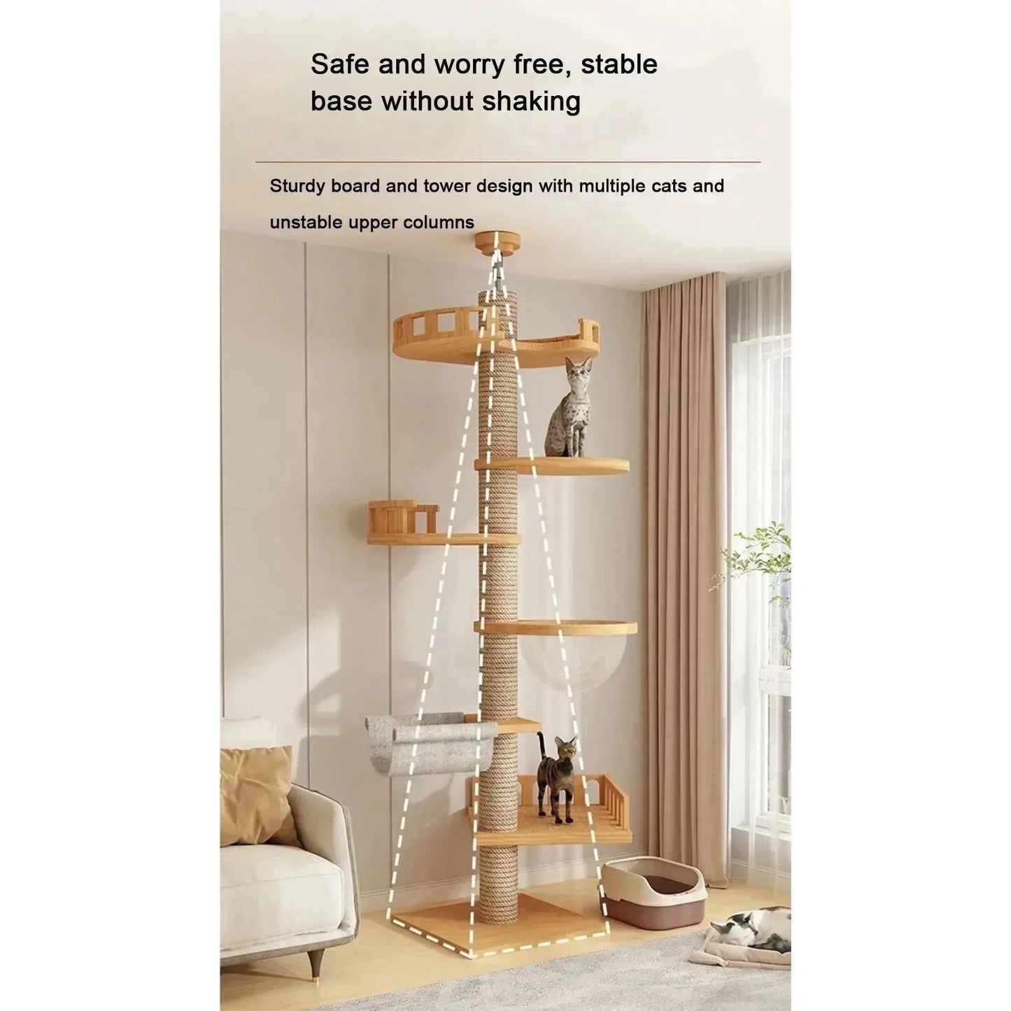 Cat Climbing Frame Floor To Ceiling Pussy Tree Tower Wooden Adjustable Pet Pillar Integrated Cattery With Hammock Kitty Nest