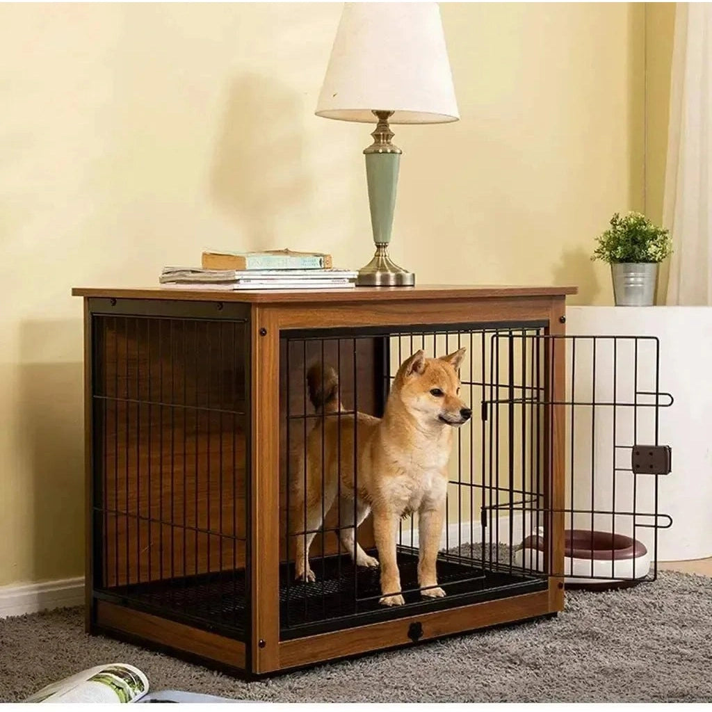 25 32 39 in Dog Crate End Table Furniture Wooden and Metal Pet Cage Kennels House Double Doors & Removable Tray