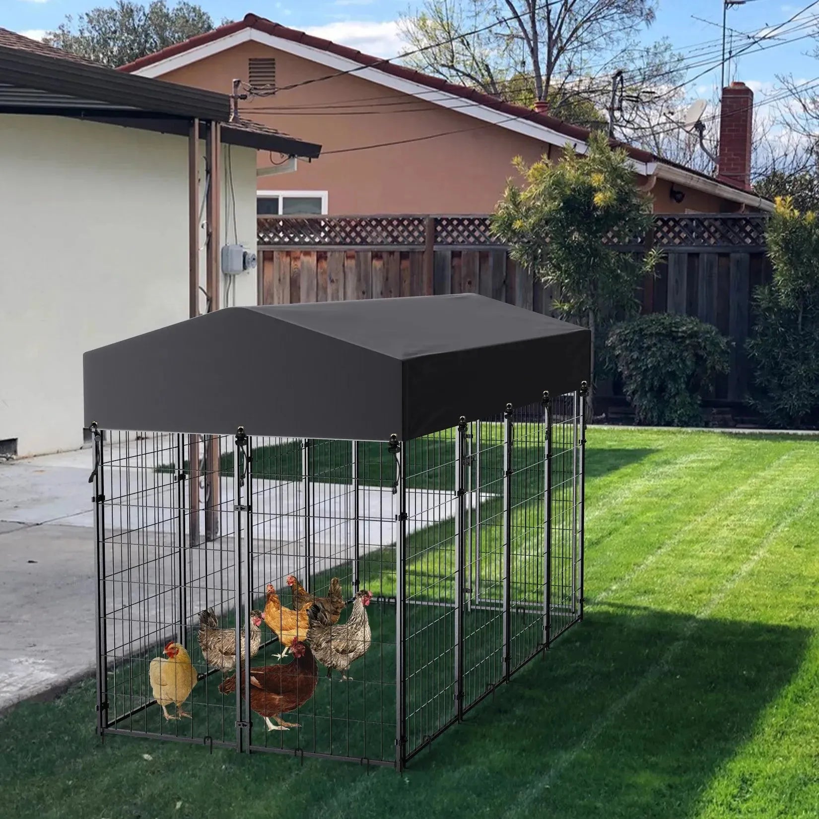 Large Dog Kennel Dog Crate Cage, Welded Wire Pet Playpen with UV Protection Waterproof Cover Metal and Roof Outdoor Heavy Duty