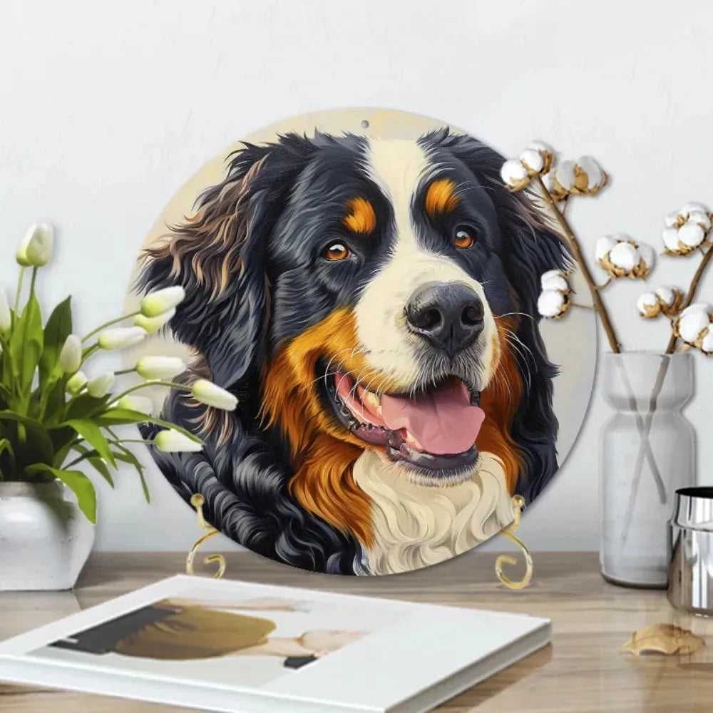 Round Metal Aluminum Sign Art Cute Dog Wreath Decorative Plates Entrance Decor Gift Mask Theme For Bar Club Home Room Wall Decor