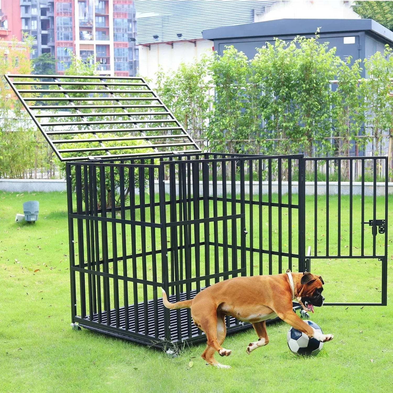 Mobile Heavy Duty Dog Crate Cage Metal Pet Kennel Playpen with 3 Doors Locks Design & Bottom Tray