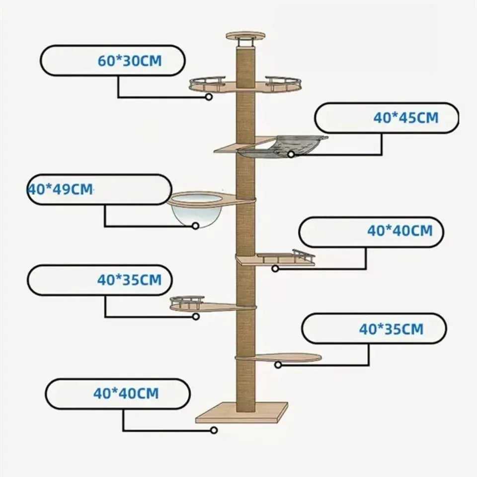 Cat Climbing Frame Floor To Ceiling Pussy Tree Tower Wooden Adjustable Pet Pillar Integrated Cattery With Hammock Kitty Nest