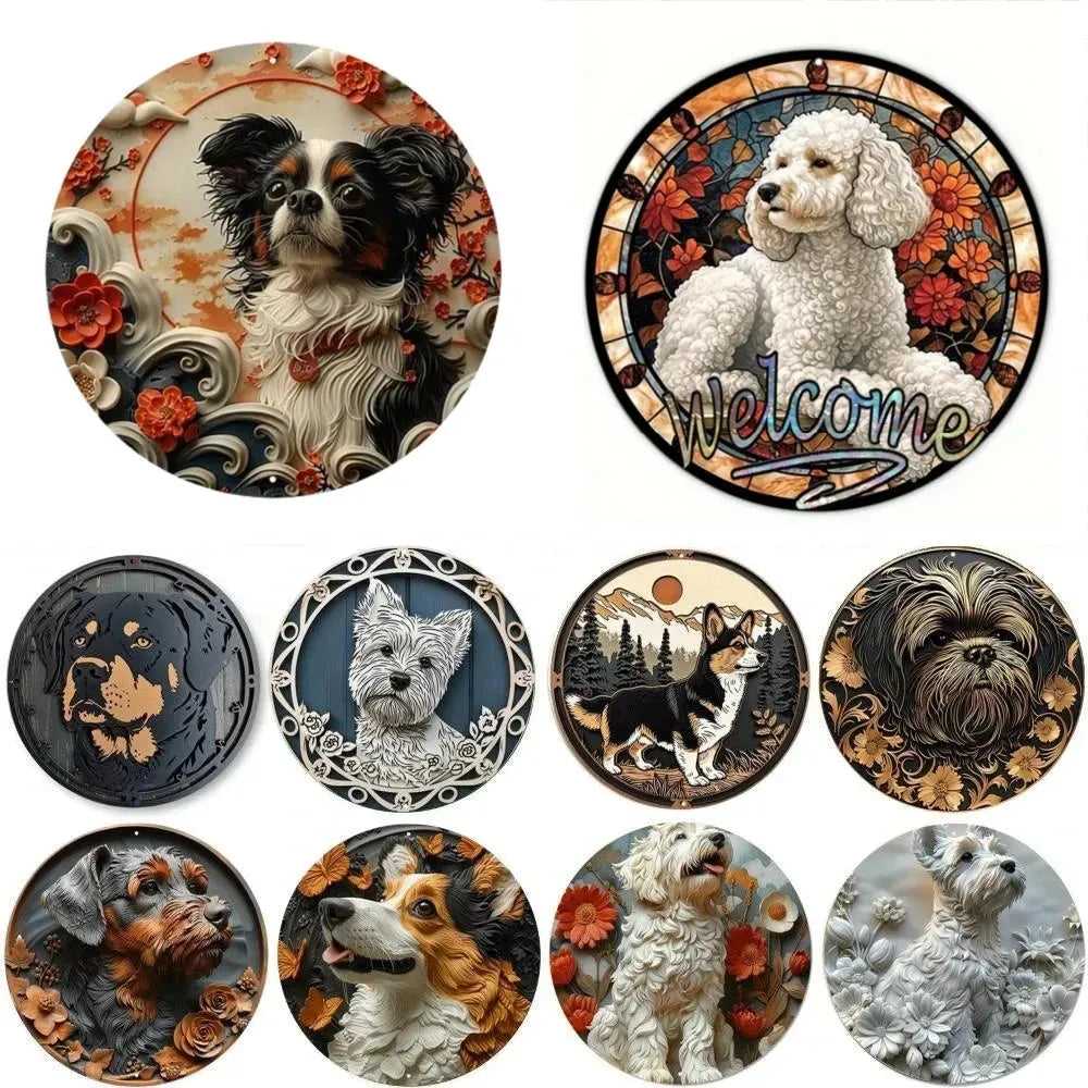 Cute Dog Gift Mask Theme Round Metal Aluminum Sign Art Desktop Decorative Plates For Bar Cafe Club Yard Home Office Wall Decor