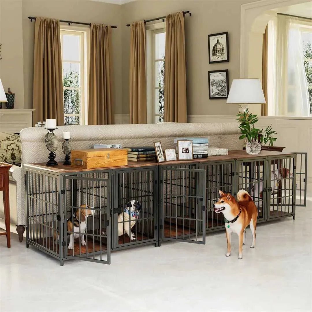 Heavy Duty Furniture Style Dog Cage Side Table Indoor Kennel Crate with Four Doors and Divider for Puppies Unlimited Combination