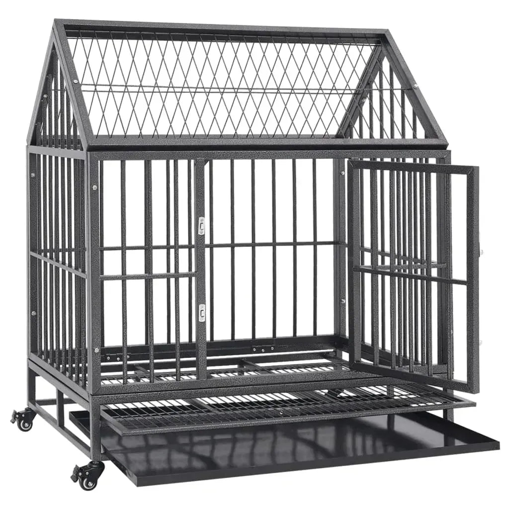 Dog Cage with Lockable Wheels and Roof Steel 36.2in x24.4in x 41.7in Heavy Duty Steel Dog Crate Kennel