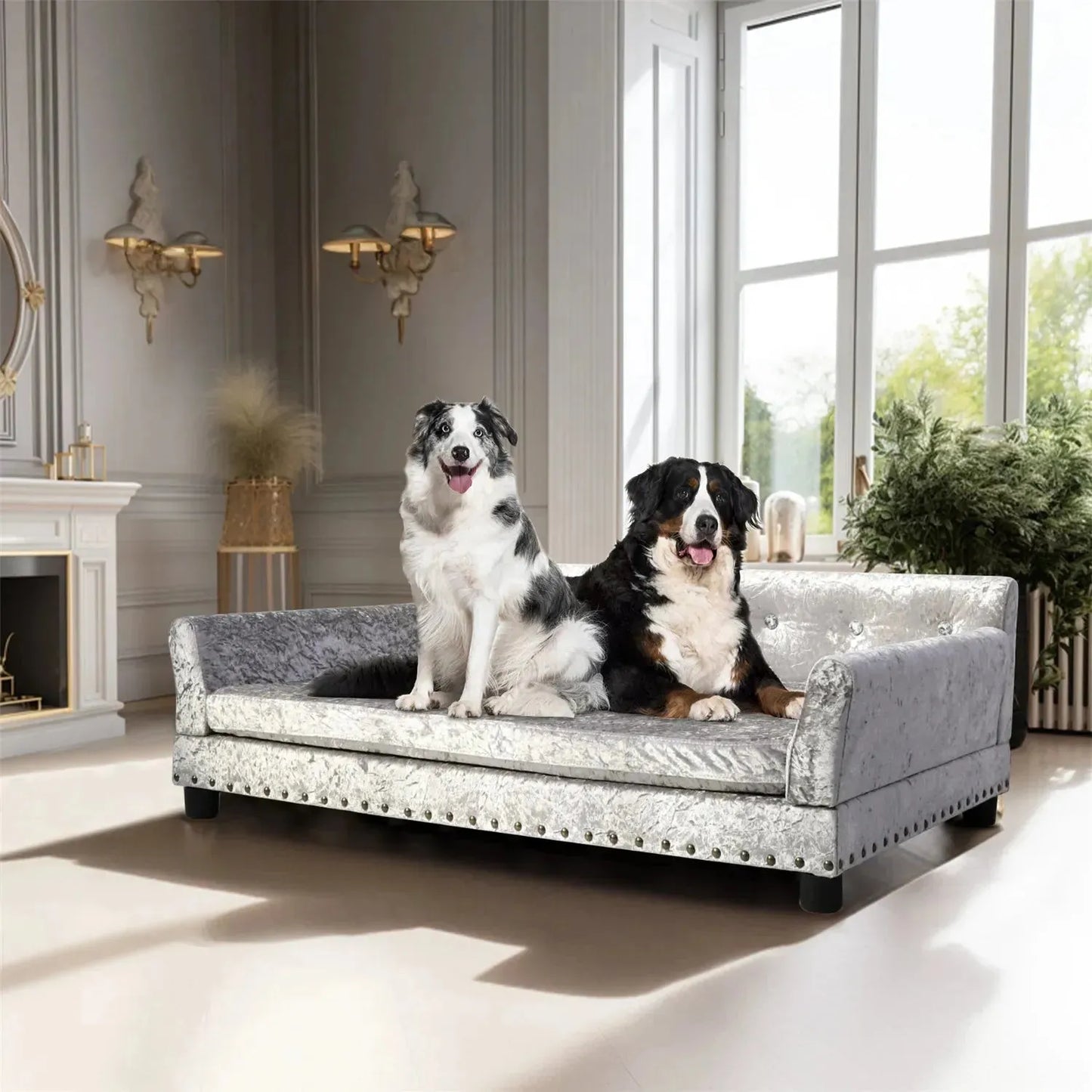 BingoPaw Large Dog Sofa Bed Deluxe Tufted Elevated Jumbo Dog Couch Bed Made Velvet - Pet Giant Snuggle Sofa Lounger Memory Foam