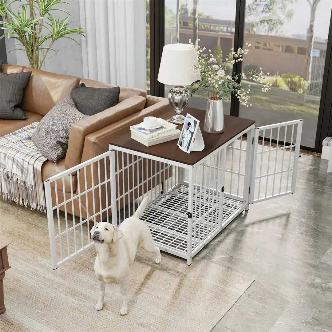 Dog Crate Furniture White Pet Kennel Black Cage End Table with Three Doors and Removable Tray, for Small Medium Large Dogs