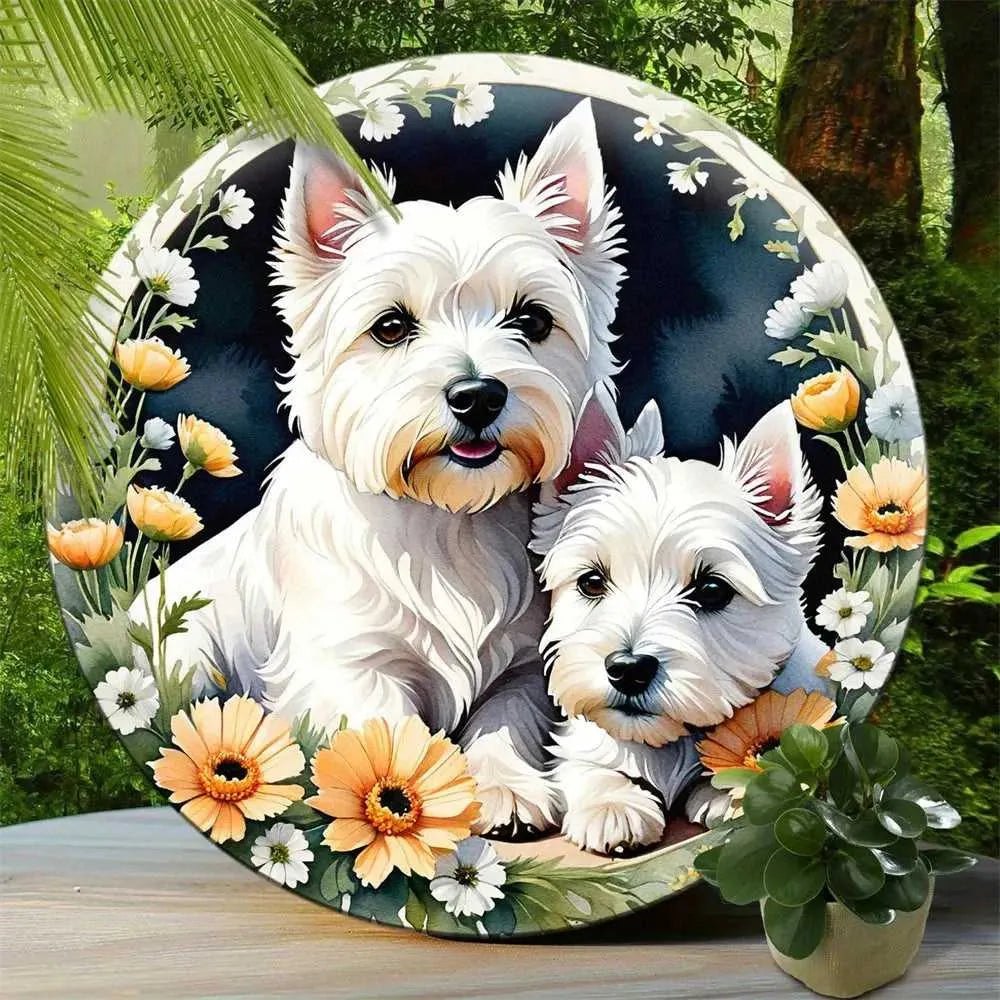 Round Metal Aluminum Sign Art Cute Dog Wreath Decorative Plates Entrance Decor Gift Mask Theme For Bar Club Home Room Wall Decor