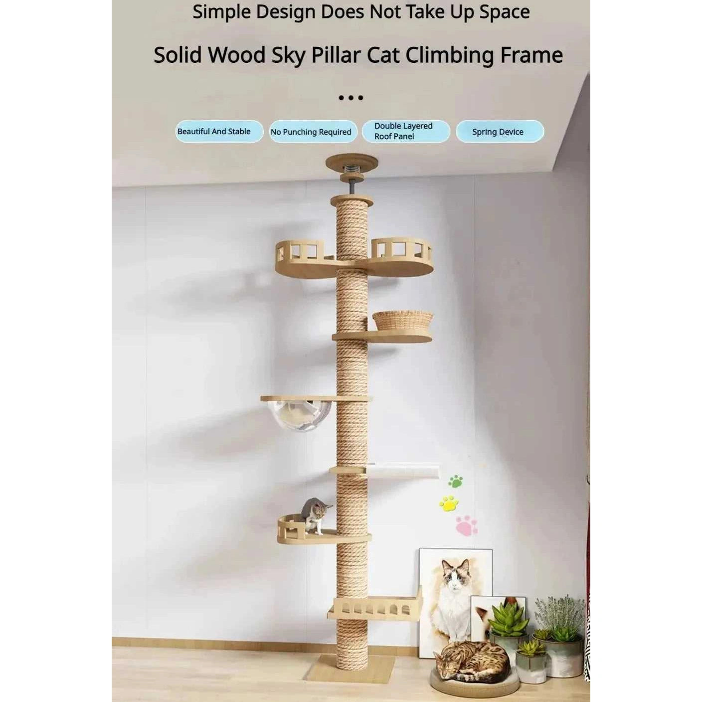 Cat Climbing Frame Floor To Ceiling Pussy Tree Tower Wooden Adjustable Pet Pillar Integrated Cattery With Hammock Kitty Nest