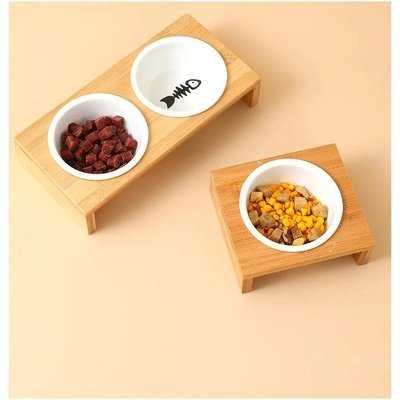 Cats Feeder Cat Bowl Pet Food Water Bowls Single Double Ceramic Tableware Bamboo Frame Antiskid Pets Supplies Accessories