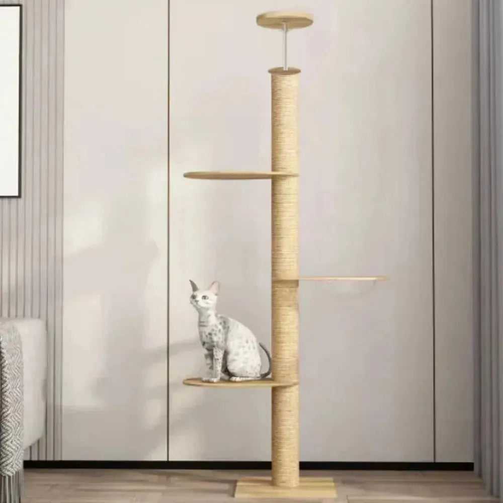 Cat Climbing Frame Floor To Ceiling Pussy Tree Tower Wooden Adjustable Pet Pillar Integrated Cattery With Hammock Kitty Nest