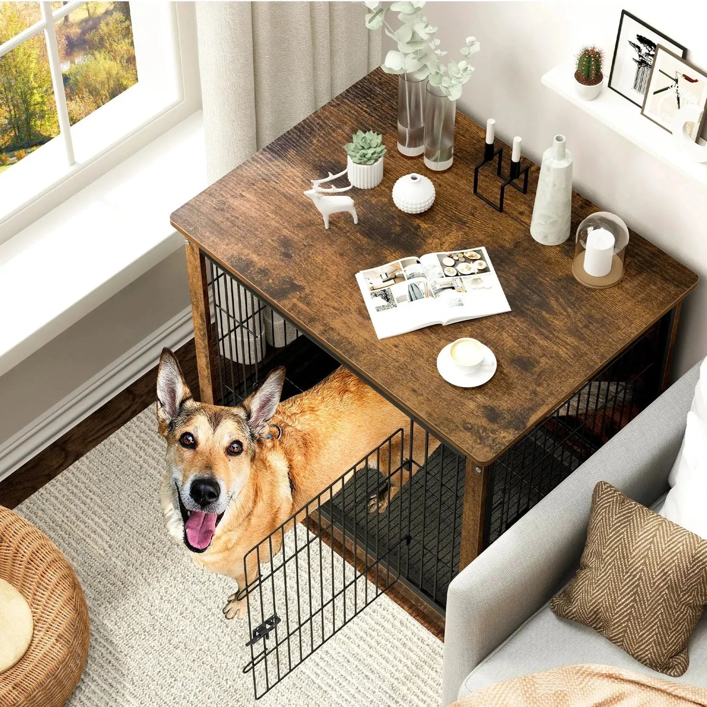 Spacious Dog Cage Furniture End Table Pet Kennel Crate Indoor Wooden Furniture Brown Medium and Large Animal Cage