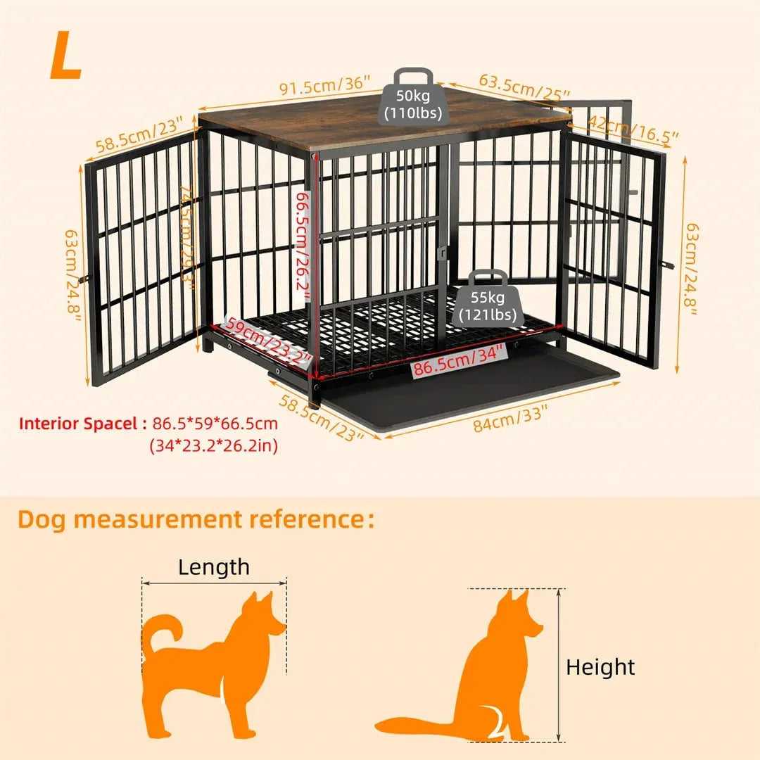 Dog Crate Furniture White Pet Kennel Black Cage End Table with Three Doors and Removable Tray, for Small Medium Large Dogs