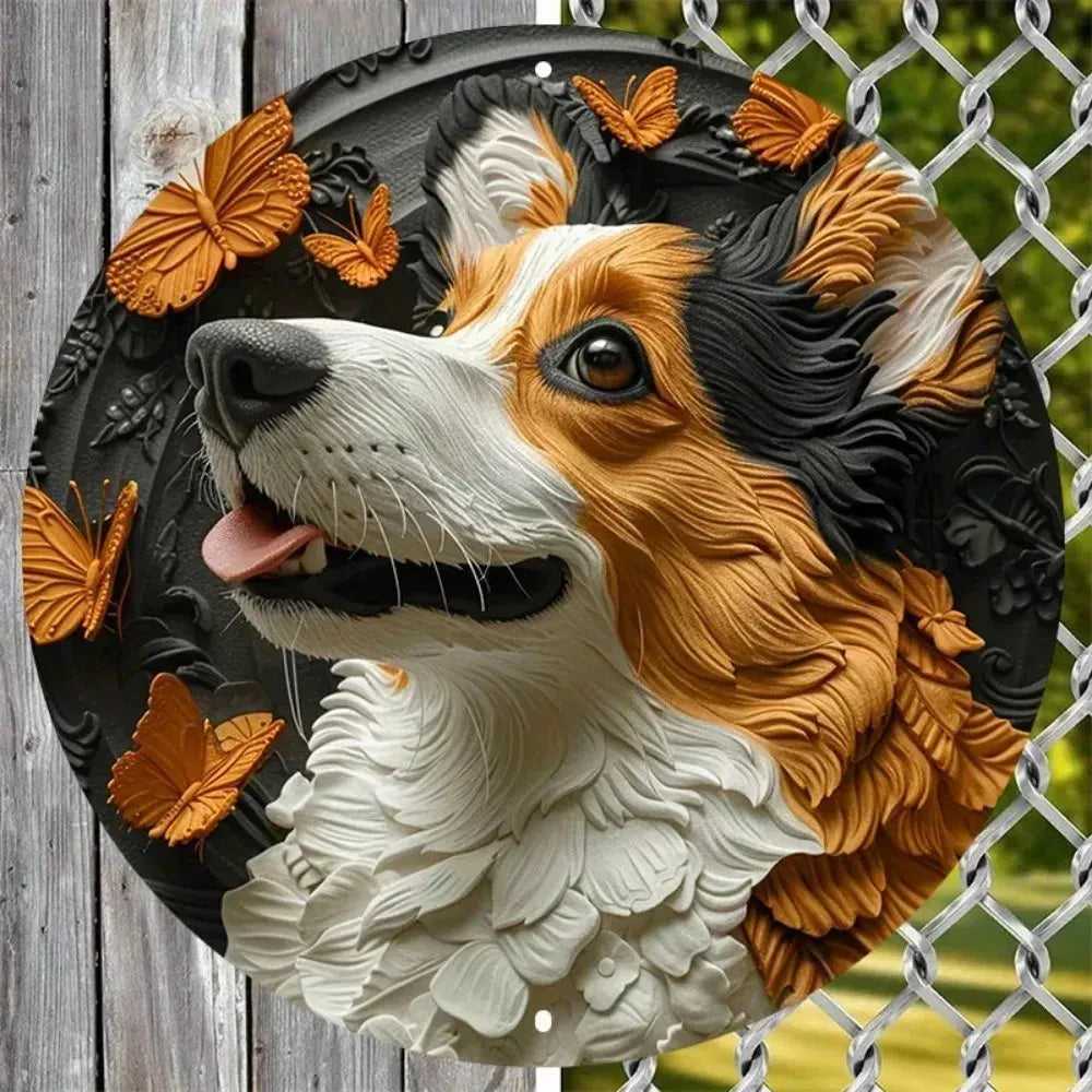 Cute Dog Gift Mask Theme Round Metal Aluminum Sign Art Desktop Decorative Plates For Bar Cafe Club Yard Home Office Wall Decor