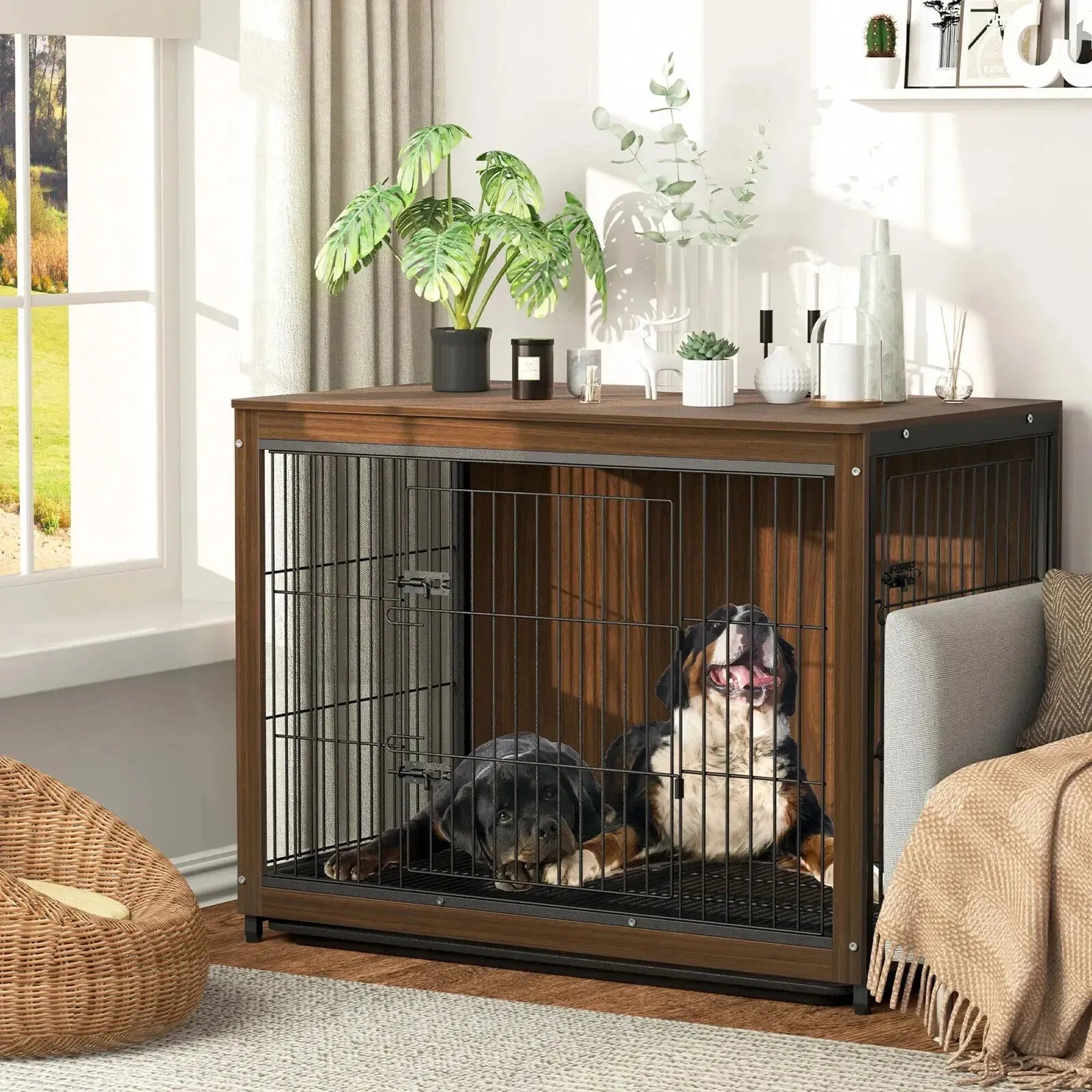 25 32 39 in Dog Crate End Table Furniture Wooden and Metal Pet Cage Kennels House Double Doors & Removable Tray