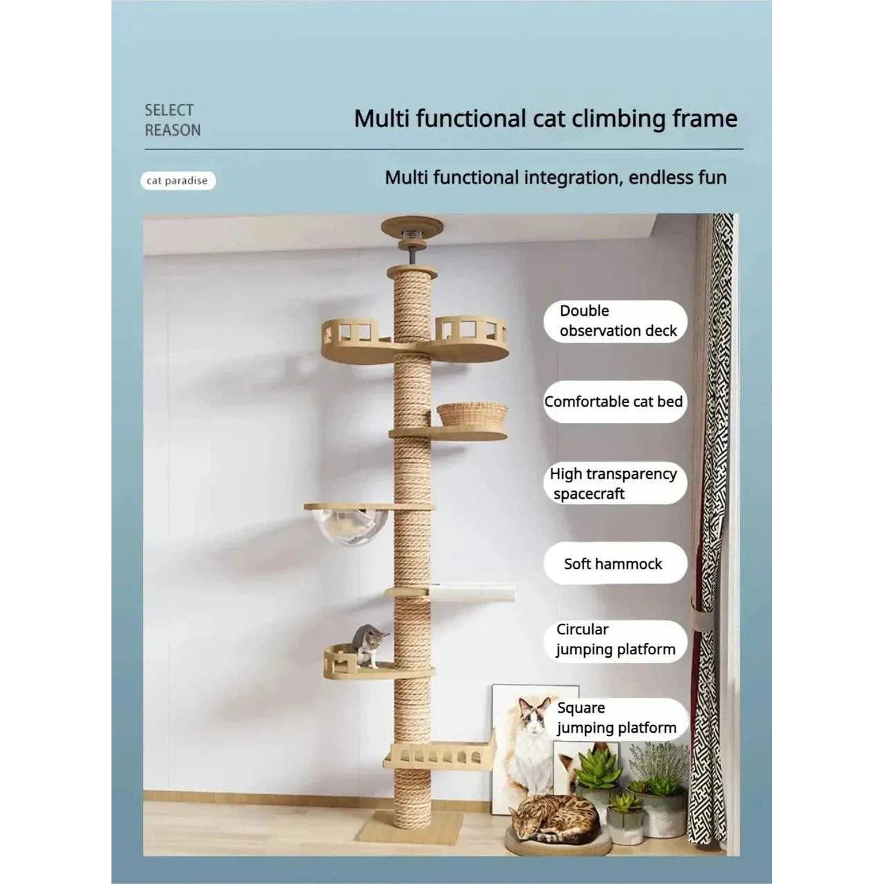 Cat Climbing Frame Floor To Ceiling Pussy Tree Tower Wooden Adjustable Pet Pillar Integrated Cattery With Hammock Kitty Nest