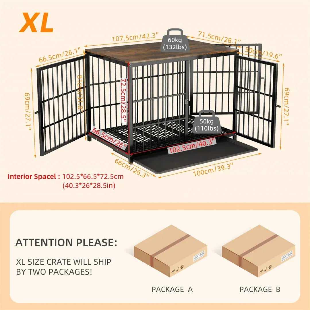 Dog Crate Furniture White Pet Kennel Black Cage End Table with Three Doors and Removable Tray, for Small Medium Large Dogs