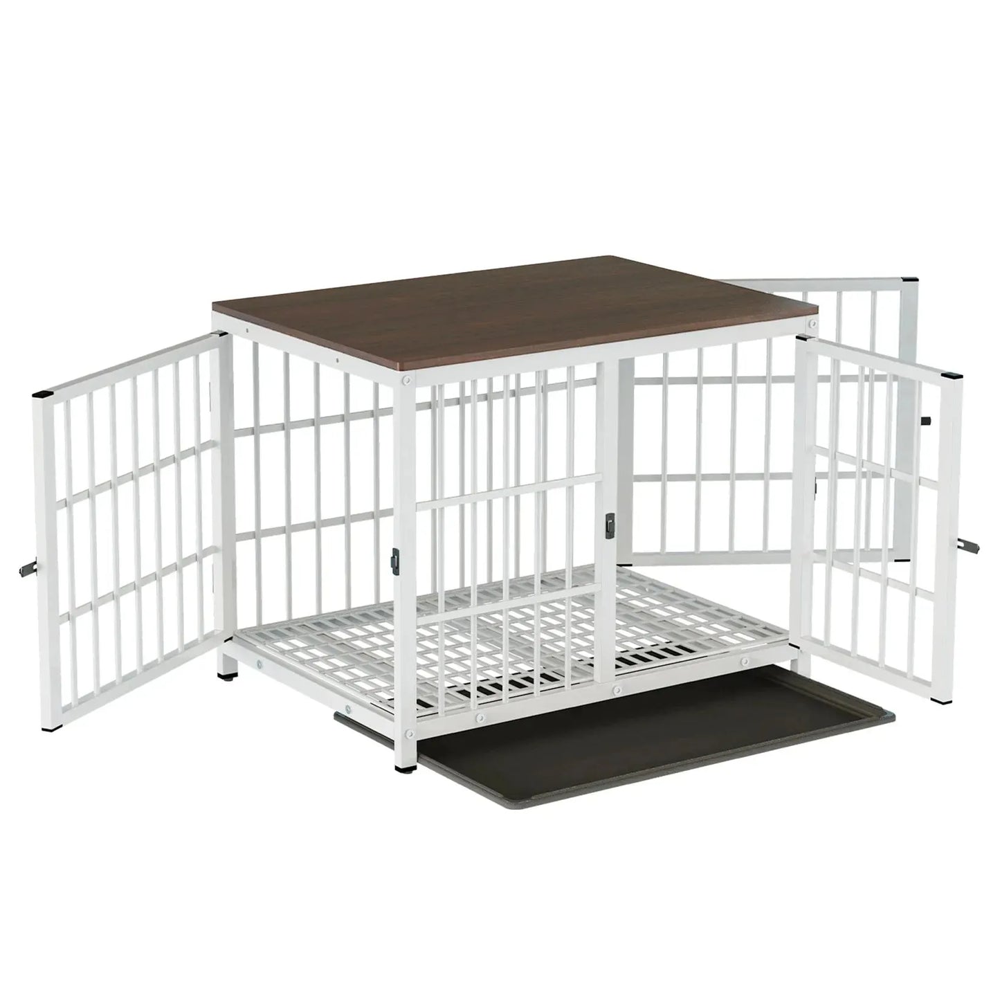 Dog Crate Furniture White Pet Kennel Black Cage End Table with Three Doors and Removable Tray, for Small Medium Large Dogs