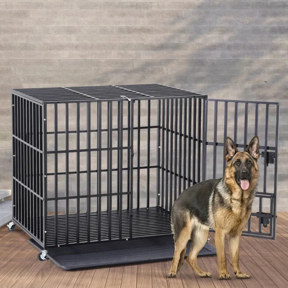 Mobile Heavy Duty Dog Crate Cage Metal Pet Kennel Playpen with 3 Doors Locks Design & Bottom Tray