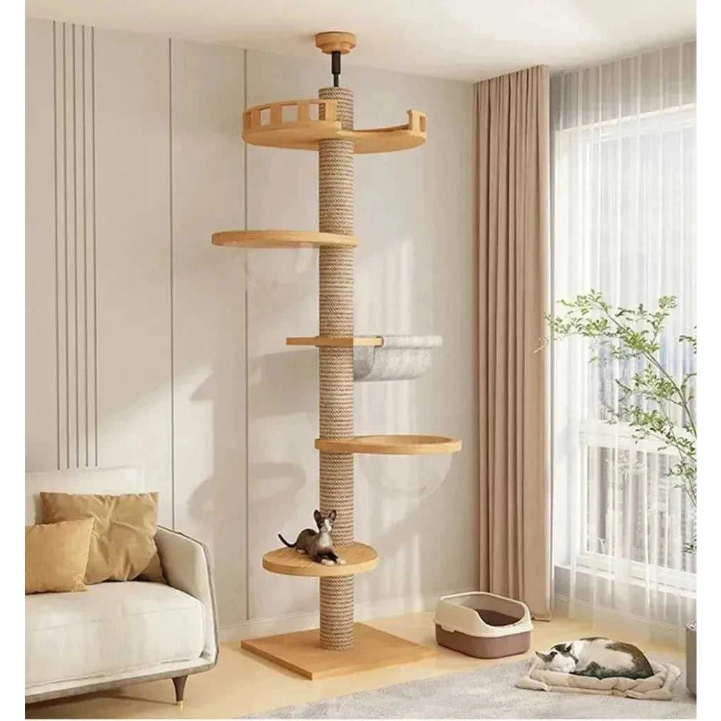 Cat Climbing Frame Floor To Ceiling Pussy Tree Tower Wooden Adjustable Pet Pillar Integrated Cattery With Hammock Kitty Nest