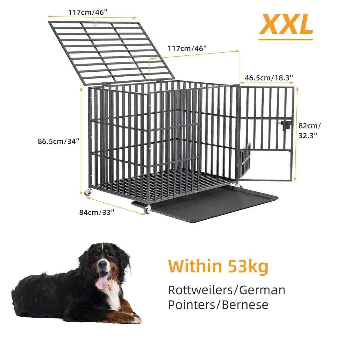 Mobile Heavy Duty Dog Crate Cage Metal Pet Kennel Playpen with 3 Doors Locks Design & Bottom Tray