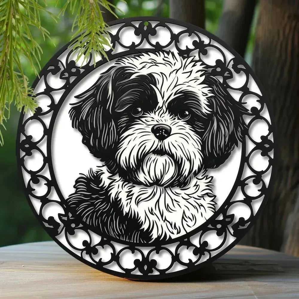 Cute Dog Gift Mask Theme Round Metal Aluminum Sign Art Desktop Decorative Plates For Bar Cafe Club Yard Home Office Wall Decor