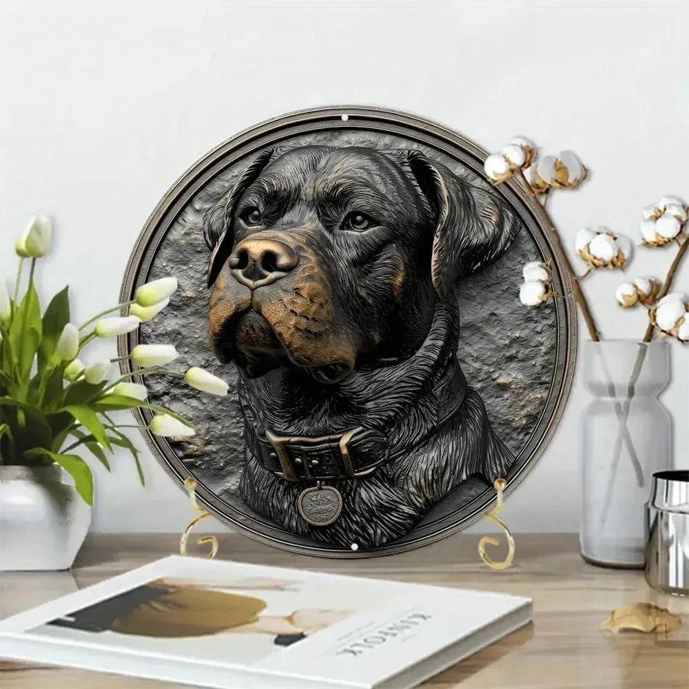 Cute Dog Gift Mask Theme Round Metal Aluminum Sign Art Desktop Decorative Plates For Bar Cafe Club Yard Home Office Wall Decor