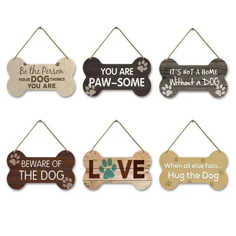 Wooden Plate Dog Sign Bone Shape Hanging Wood Board Painting Home Shop Door Decor Outside Warning Text Board Wall Plaques Gift