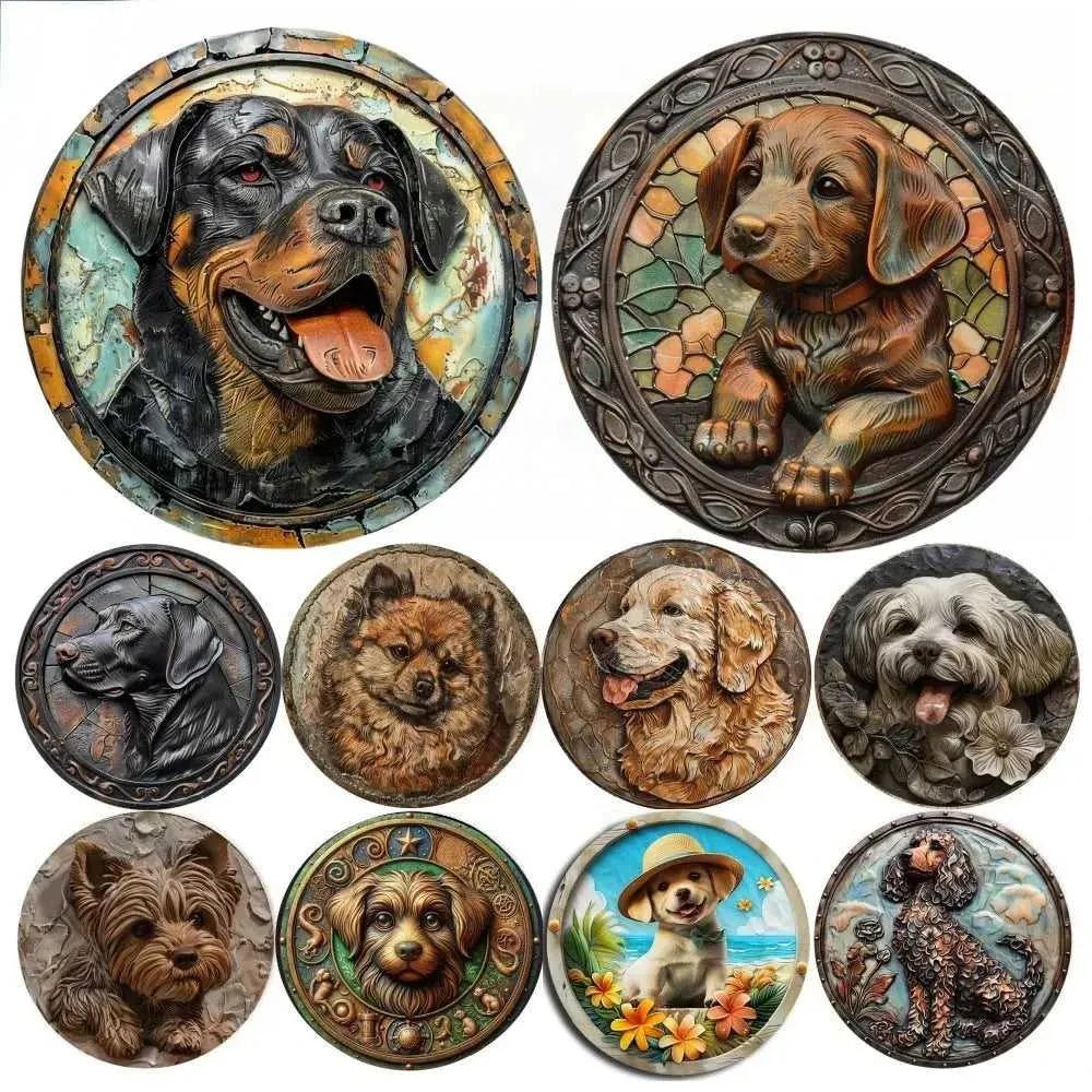 Cute Dog 3D Round Metal Aluminum Sign Art Wreath Decorative Plates Entrance Gift Mask Theme For Bar Club Home Room Wall Decor