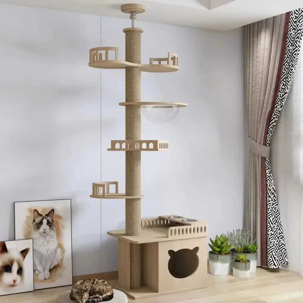 Cat Climbing Frame Floor To Ceiling Pussy Tree Tower Wooden Adjustable Pet Pillar Integrated Cattery With Hammock Kitty Nest