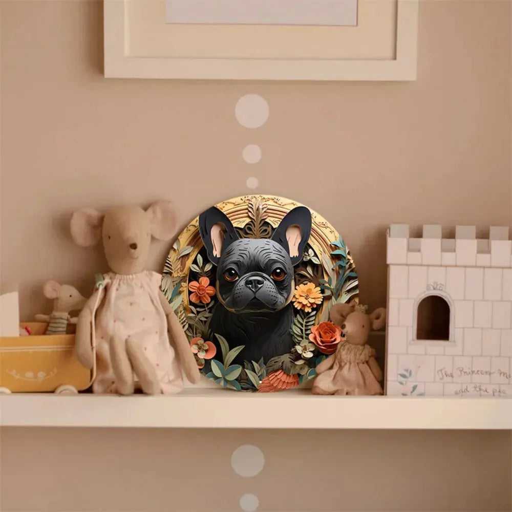 Round Metal Aluminum Sign Art Cute Dog Wreath Decorative Plates Entrance Decor Gift Mask Theme For Bar Club Home Room Wall Decor