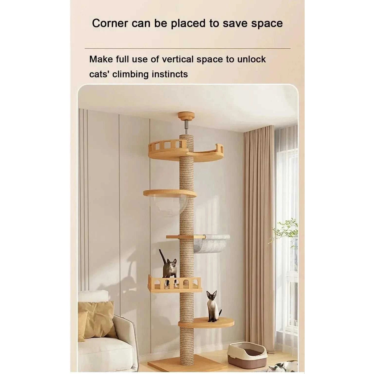 Cat Climbing Frame Floor To Ceiling Pussy Tree Tower Wooden Adjustable Pet Pillar Integrated Cattery With Hammock Kitty Nest