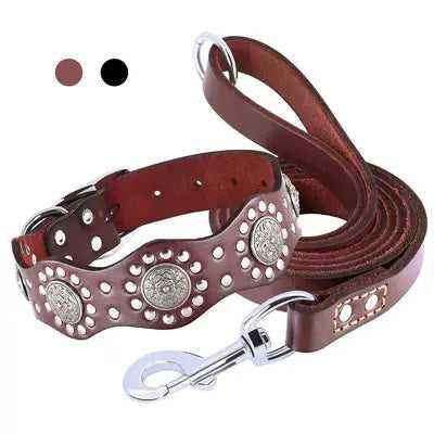 Luxury Real Leather Dog Collar and Leash Soft Durable Dogs Collars Adjustable 150cm Lead for Medium Large Dogs German Shepherd