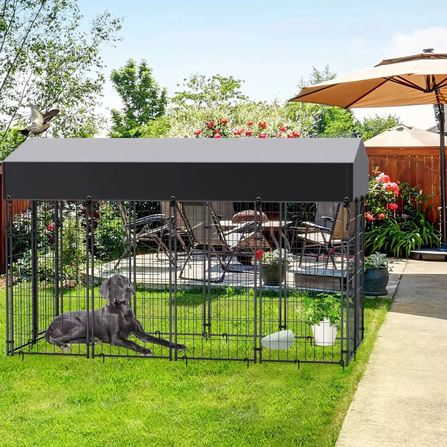 Large Dog Kennel Dog Crate Cage, Welded Wire Pet Playpen with UV Protection Waterproof Cover Metal and Roof Outdoor Heavy Duty