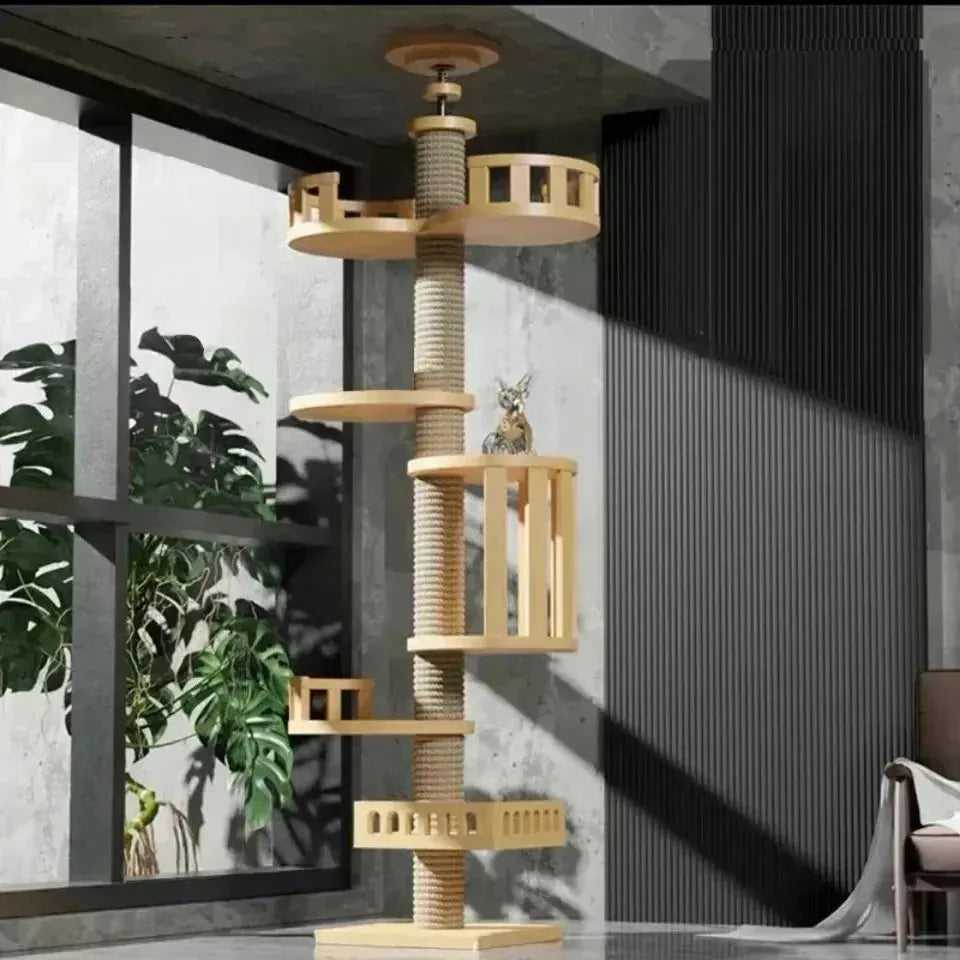 Cat Climbing Frame Floor To Ceiling Pussy Tree Tower Wooden Adjustable Pet Pillar Integrated Cattery With Hammock Kitty Nest