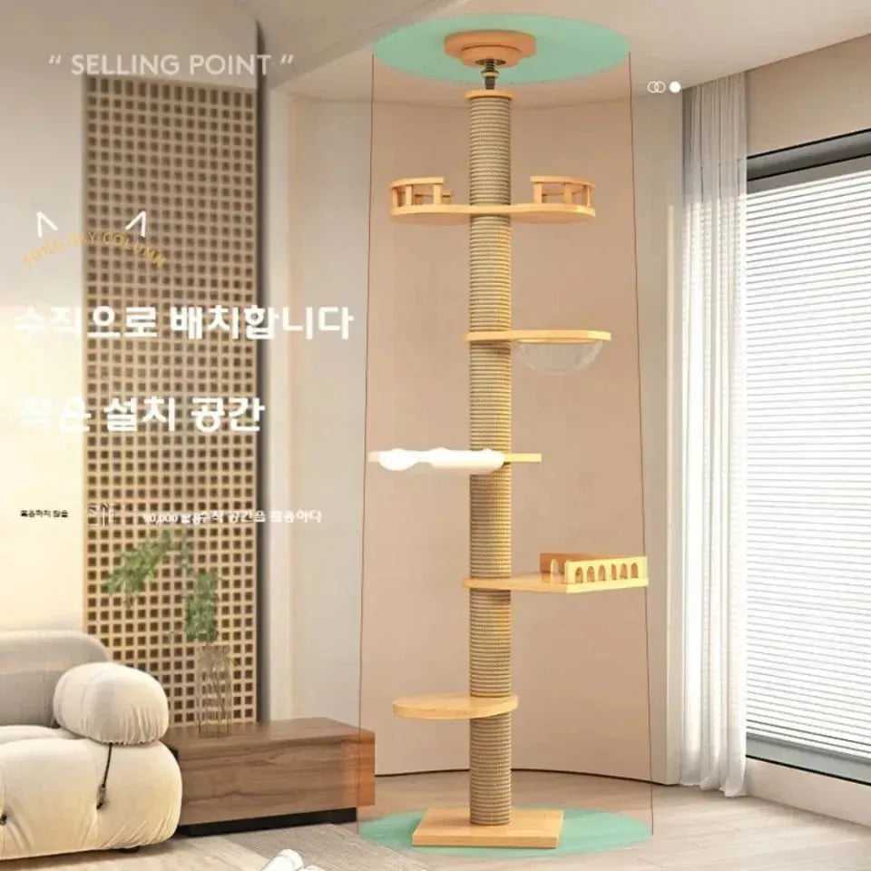 Cat Climbing Frame Floor To Ceiling Pussy Tree Tower Wooden Adjustable Pet Pillar Integrated Cattery With Hammock Kitty Nest