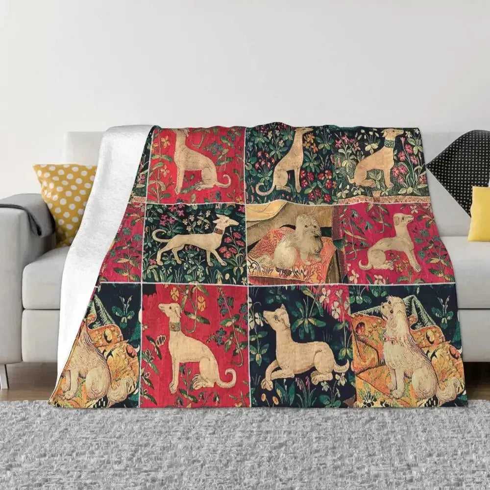 Retro Dog Collage Knitted Blanket Renaissance Animal Dogs Plush Throw Blanket Bedding Couch Printed Ultra-Soft Warm Bedspreads