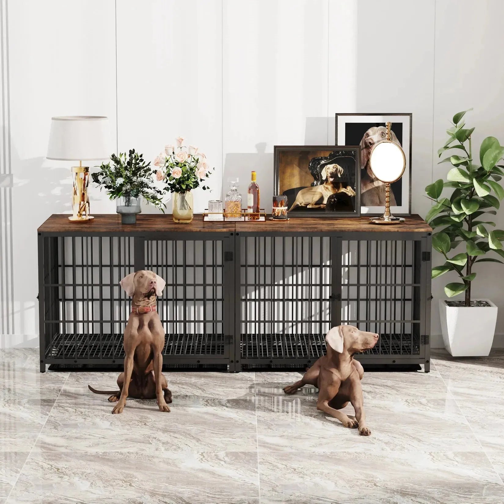 Dog Crate Furniture Pet Kennel End Table Metal Dog Kennel with Three Doors with Locks and Removable Tray, White/Black